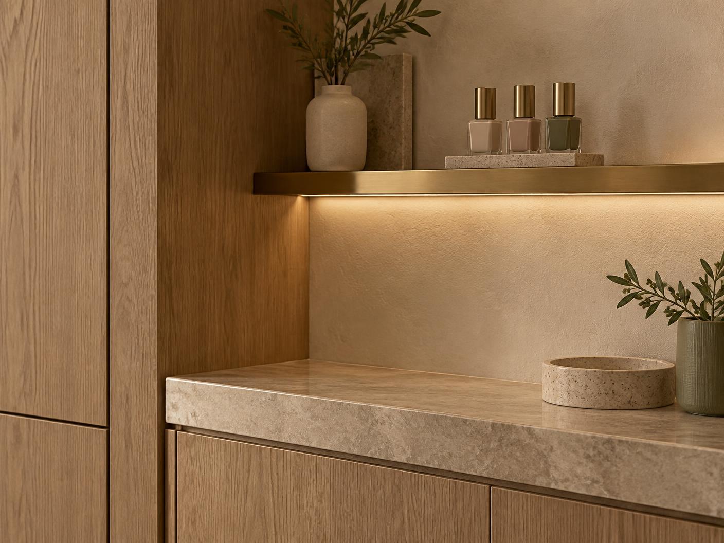 Oak cabinetry, stone and brass architectural details