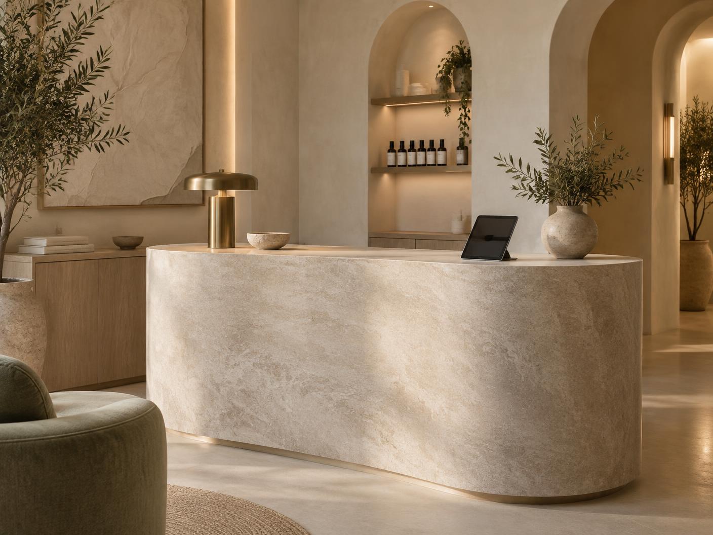 Stone reception desk inside The Nail Doctrine atelier