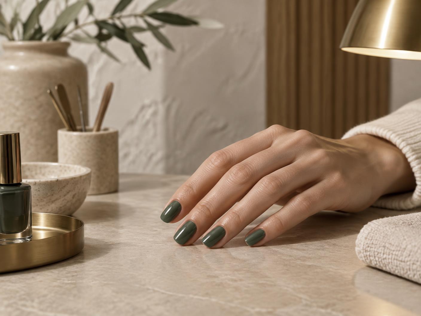 Precision gel manicure with a muted sage finish